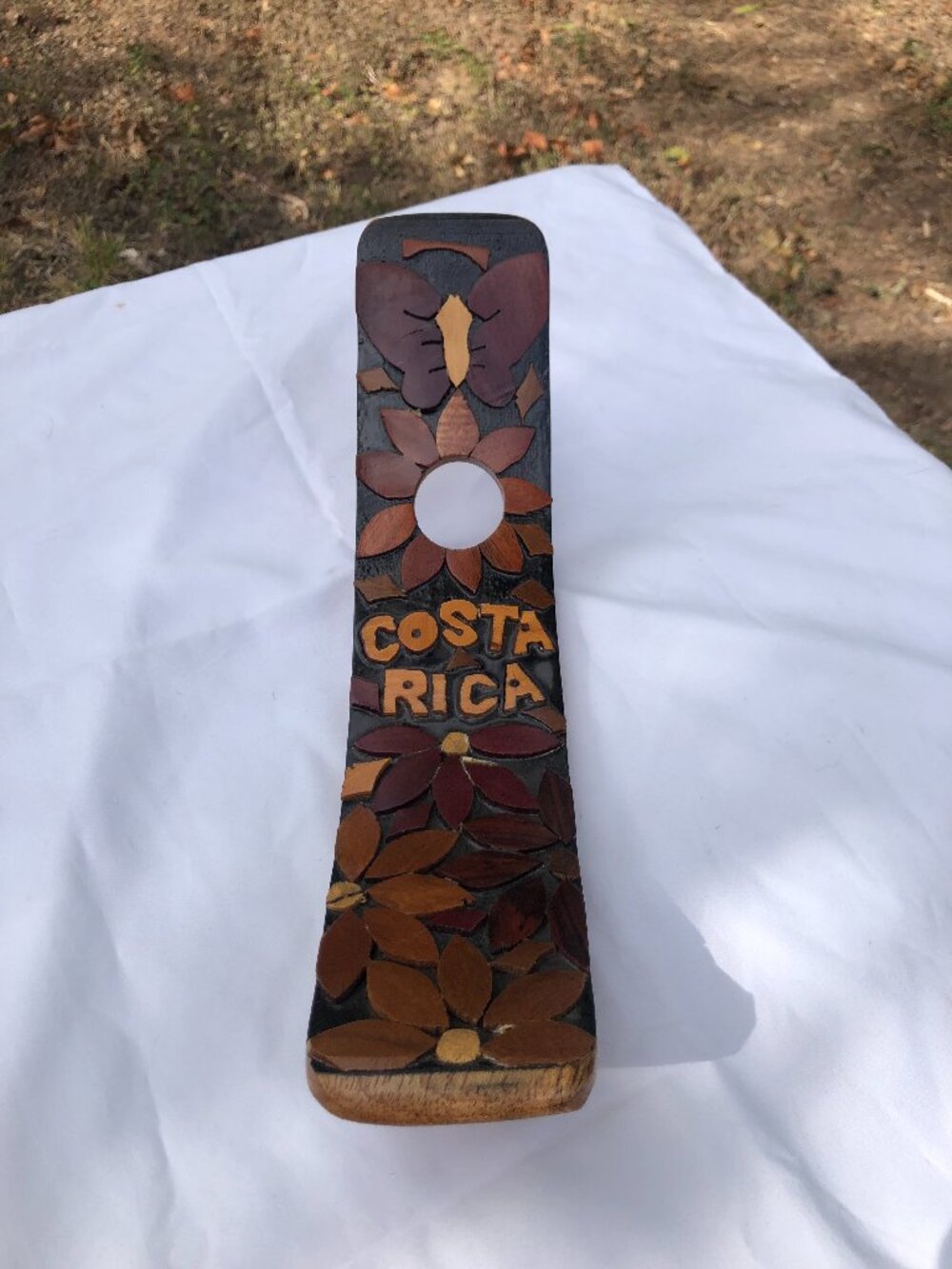 Costa Rica Wood Carved Floral Single Wine Bottle Holder